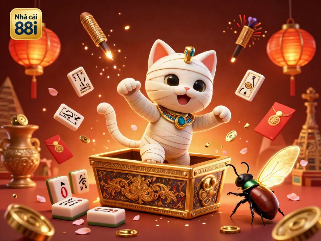 Experience the thrilling atmosphere of Nhà cái 88i with a colorful illustration of the Egyptian mummy cat and glowing elements in a vibrant casino scene.