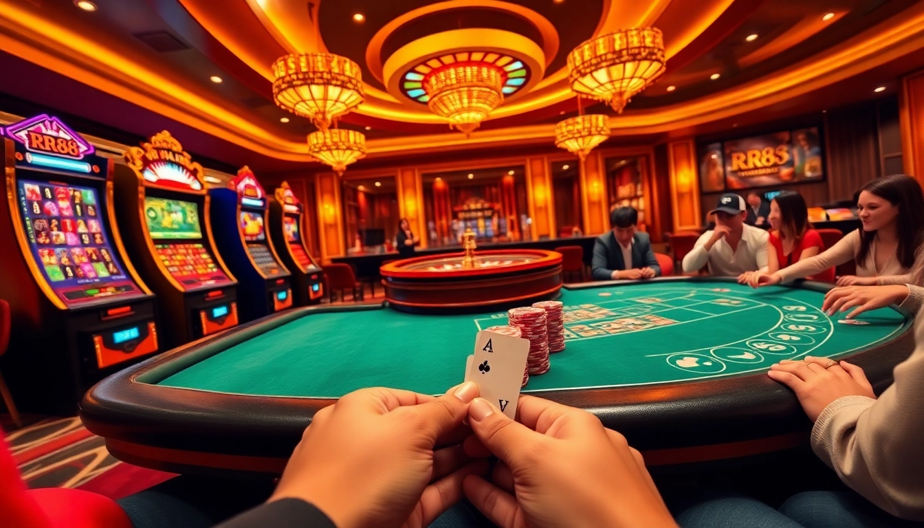 Excited players enjoying online gambling with RR88, featuring luxurious visuals and vibrant action.