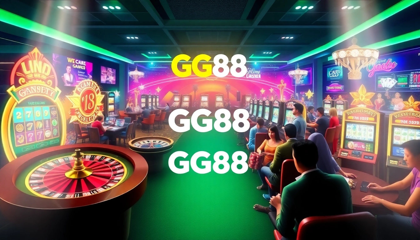 GG88 players enjoying an engaging online casino experience with vibrant slot machines and poker chips.