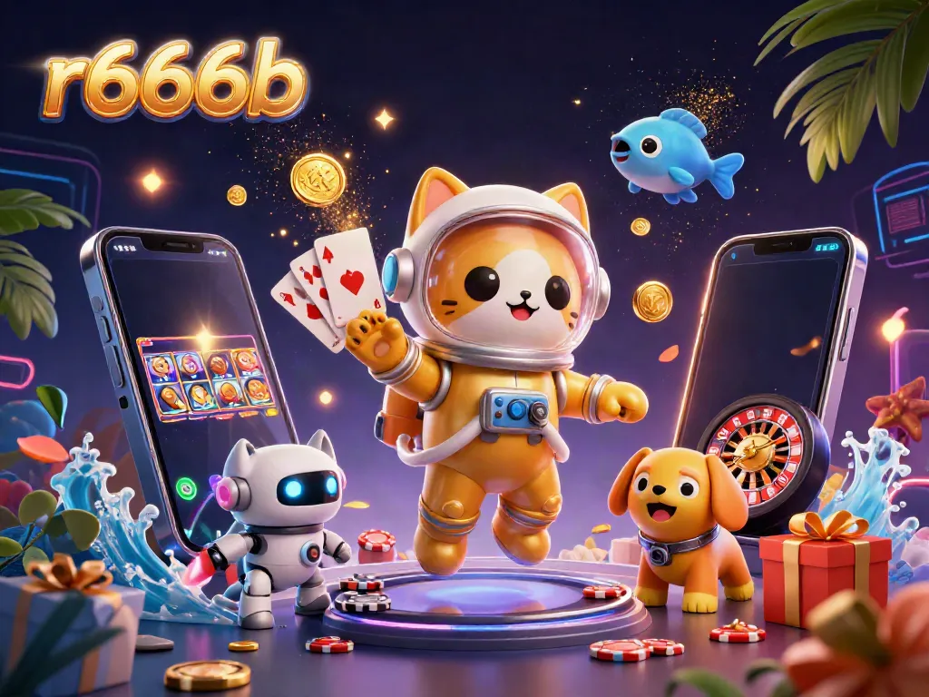 Experience gaming excitement with r666b's dynamic casino illustration featuring slots and casino elements.