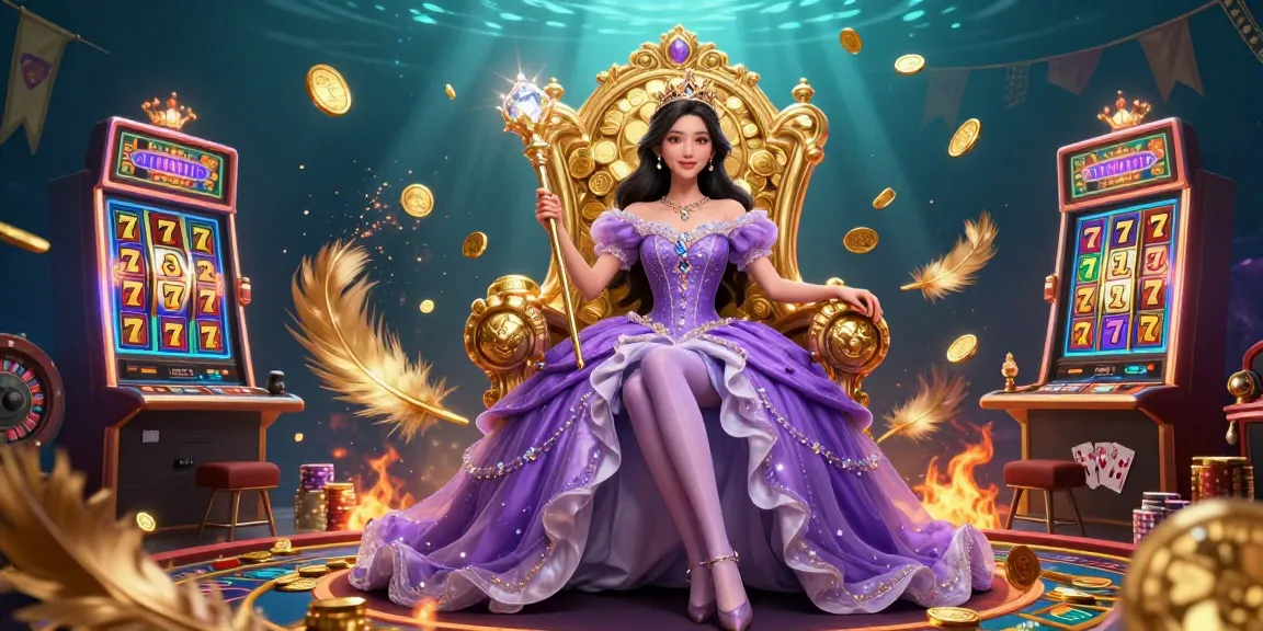 Experience the B52 casino adventure with a princess holding a diamond scepter amidst spinning slot reels and golden tokens.