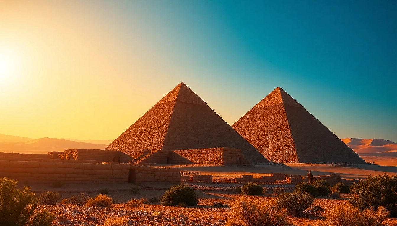 Visita a las piraminds, majestuosas estructuras contrastando con un cielo crepuscular.