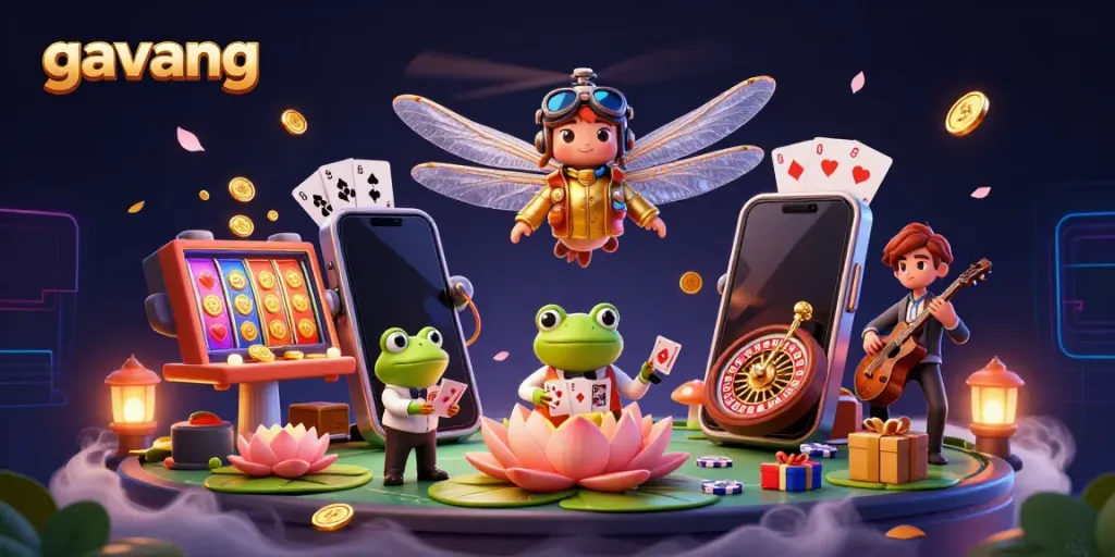 Experience thrilling games at Gavang with dynamic casino action and card dealing in this vibrant illustration.