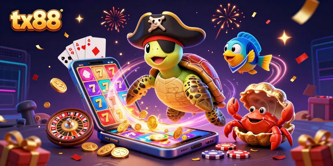 Engage with tx88's vibrant slot gameplay featuring a pirate turtle, golden crab, and parrotfish amidst treasure.