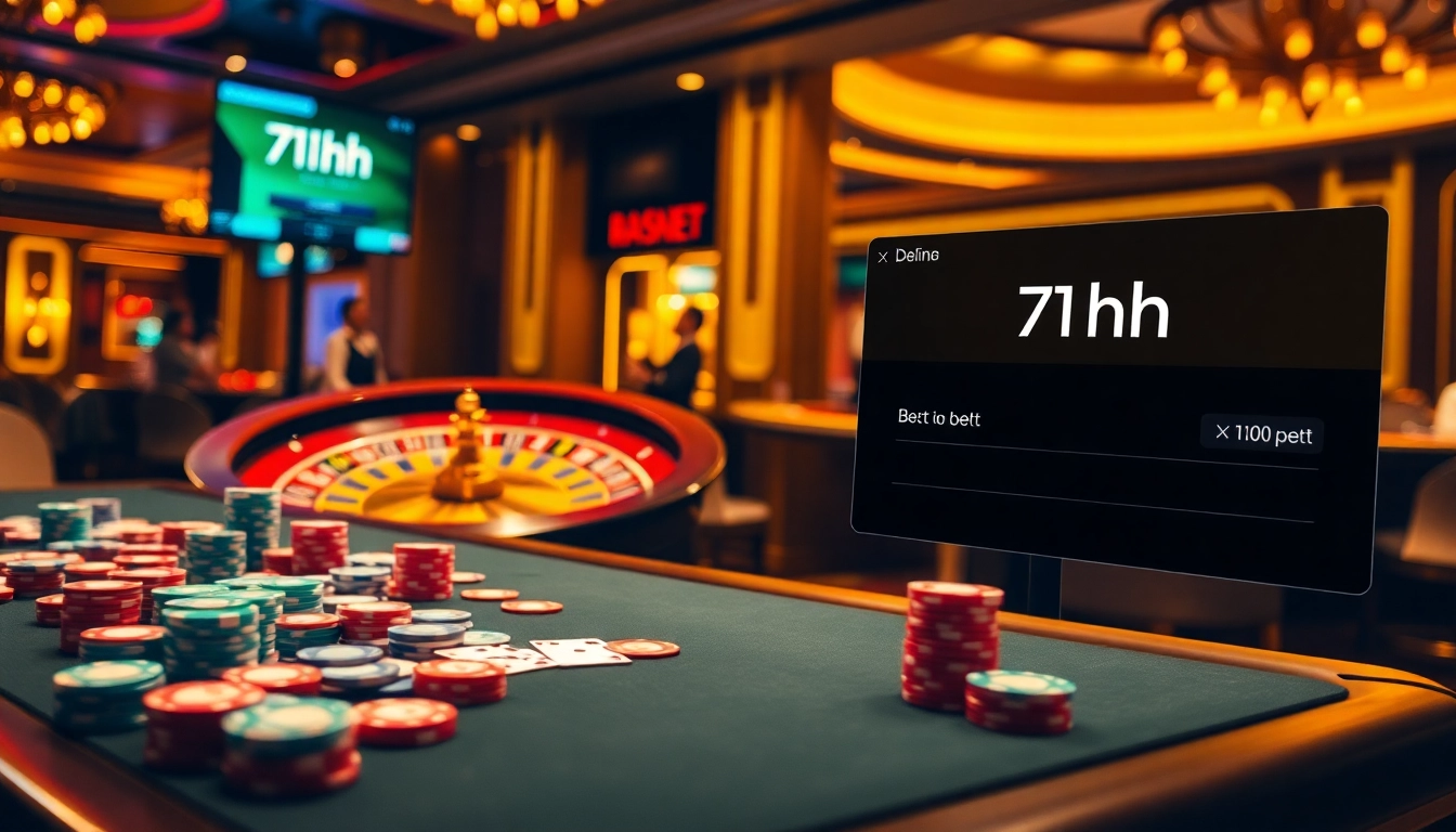 Engaged players betting with excitement at 7hh's luxurious poker table and roulette wheel.
