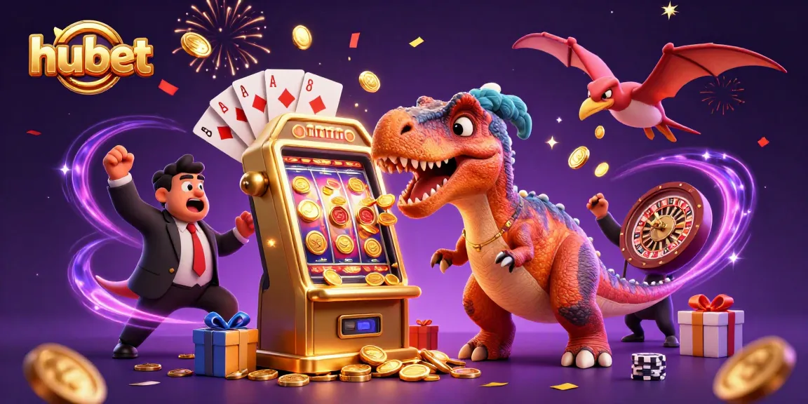 Hubet casino scene with a dinosaur winning jackpots, showcasing excitement and gaming fun.