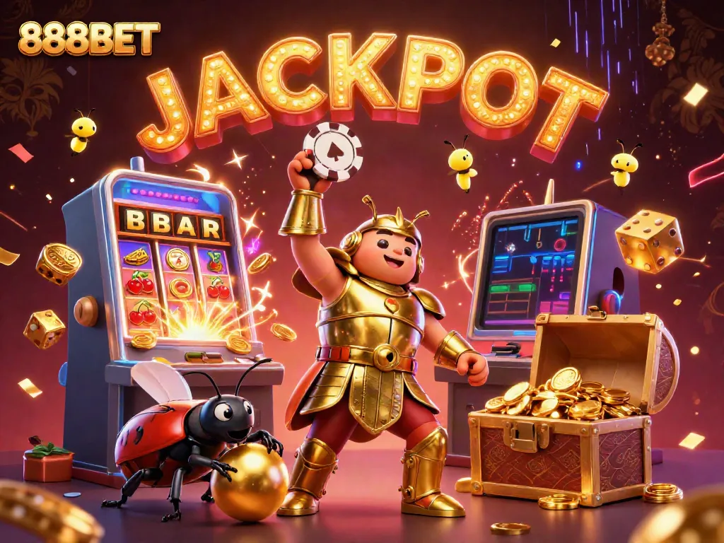 Experience the thrill of winning with 888BET in a vibrant casino-themed illustration boasting joyful characters.