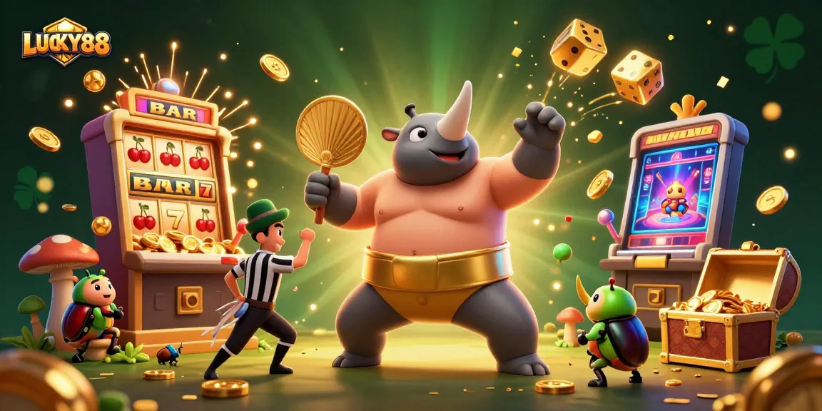 LUCKY88 captures thrilling casino action with a powerful rhinoceros beetle smashing coins in a vibrant illustration.