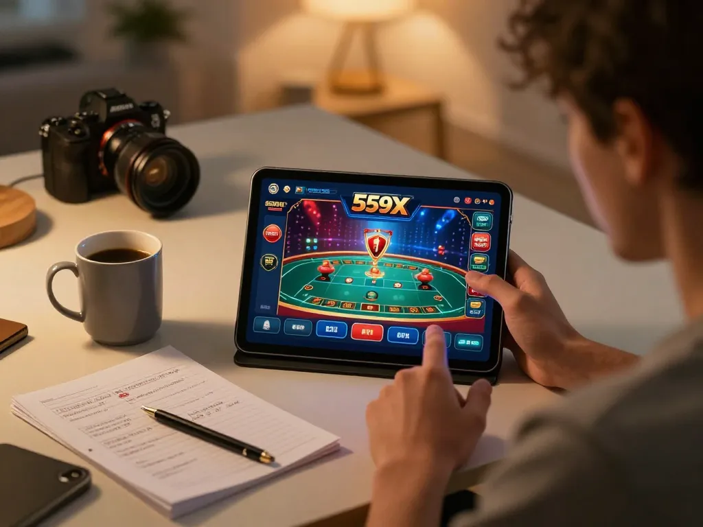 Engaging with 559X online casino on a tablet, surrounded by gaming notes and coffee.