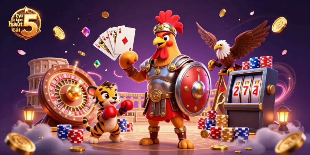 Experience the excitement of tỷ lệ kèo nhà cái 5 with a cartoon gladiator rooster and casino elements.