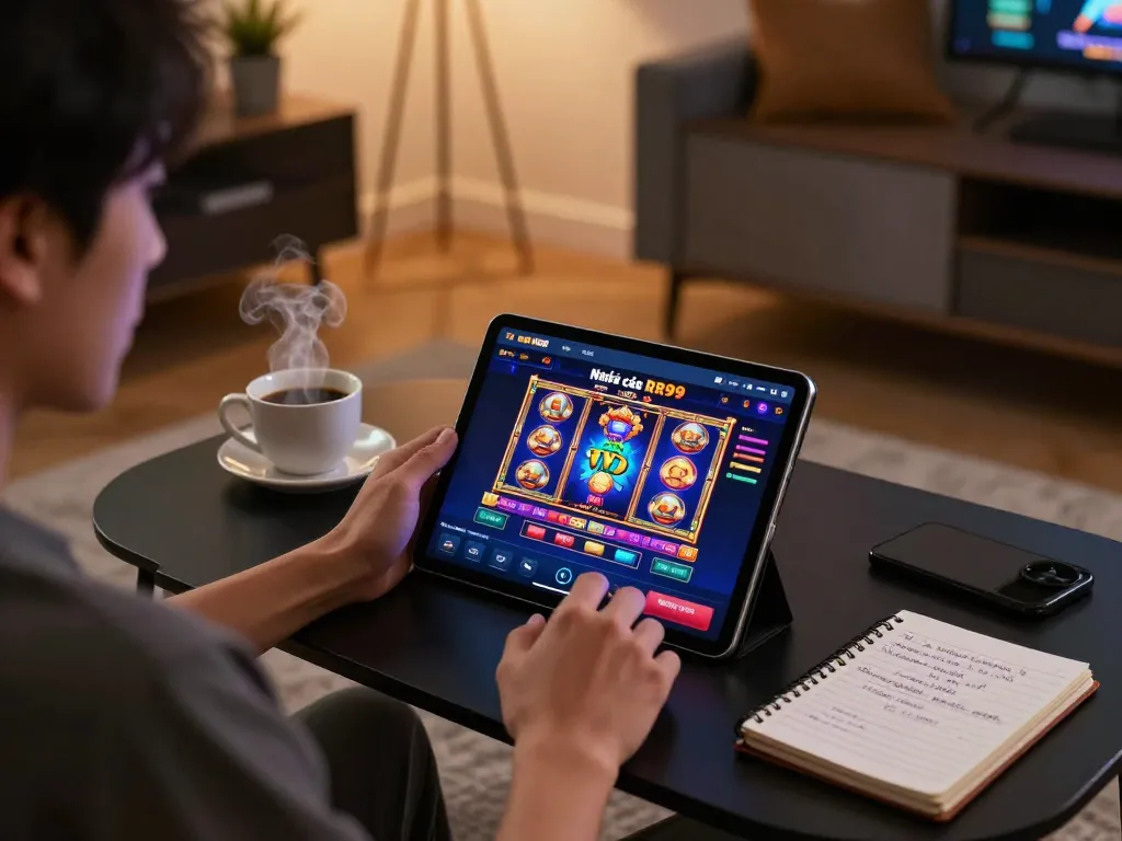 Engaged player exploring Nhà cái RR99's casino app on tablet with vibrant visuals in cozy home.
