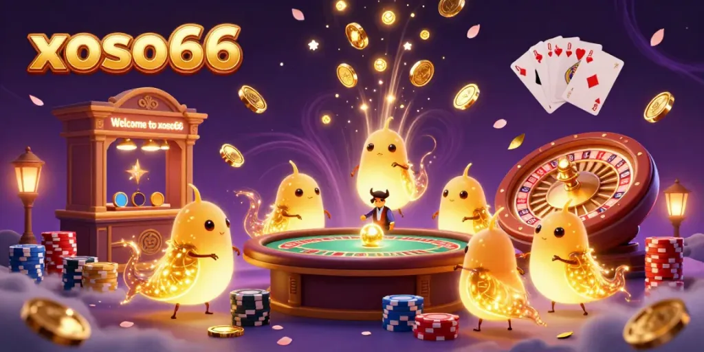 Experience excitement with xoso66 from a vibrant casino, featuring glowworms, golden coins, and roulette.