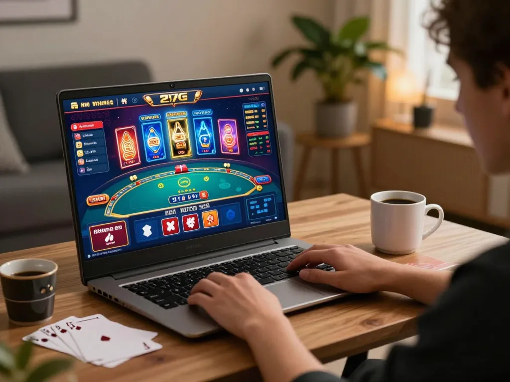 Engaging with 27G casino games at home, showcasing online gaming setup with immersive interface and cozy atmosphere