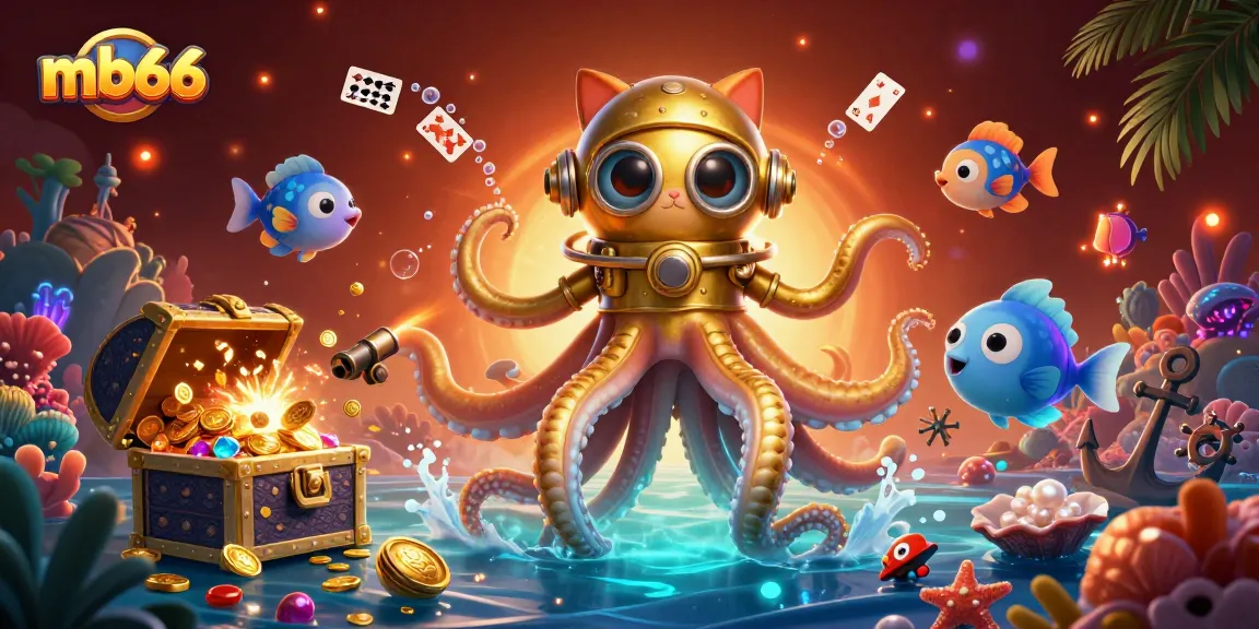 Experience thrilling gameplay with mb66, featuring a colossal kraken, diving cat, and vibrant casino-themed elements.