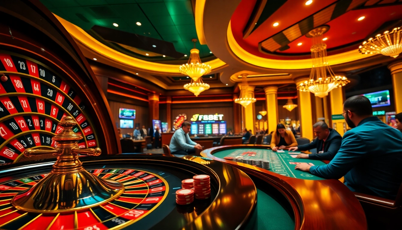 Action-packed casino scene highlighting F8BET branding with roulette and poker excitement.