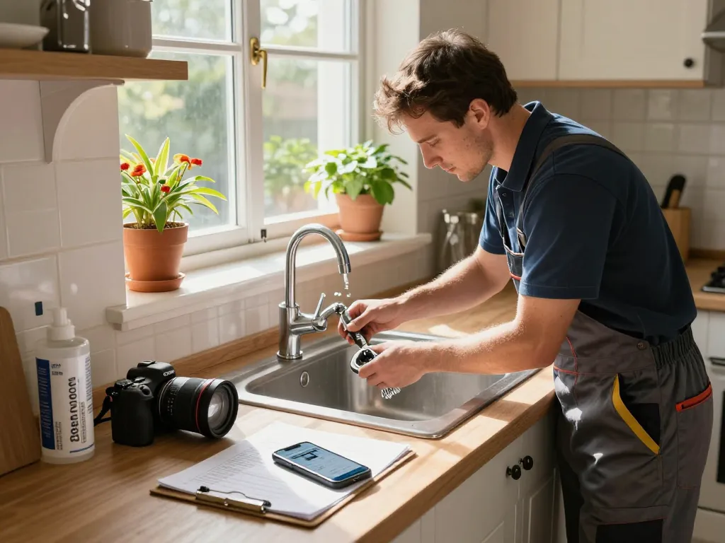 Plumber repairing a sink in a home kitchen, showcasing expert plumbing skills.