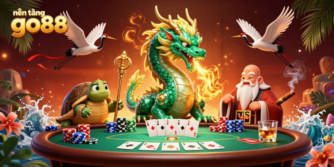 Experience dynamic gameplay at nền tảng go88 with a vibrant dragon, wise turtle, and winning poker elements.