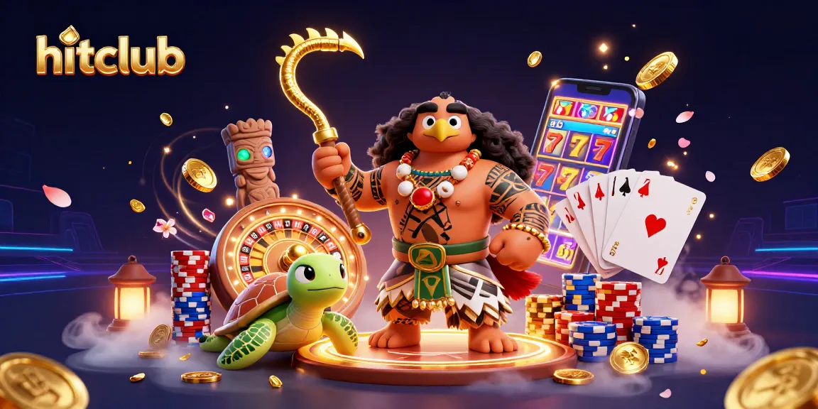 Hitclub showcases a vibrant 3D scene with a demigod and turtle amidst casino elements, enhancing the gaming experience.