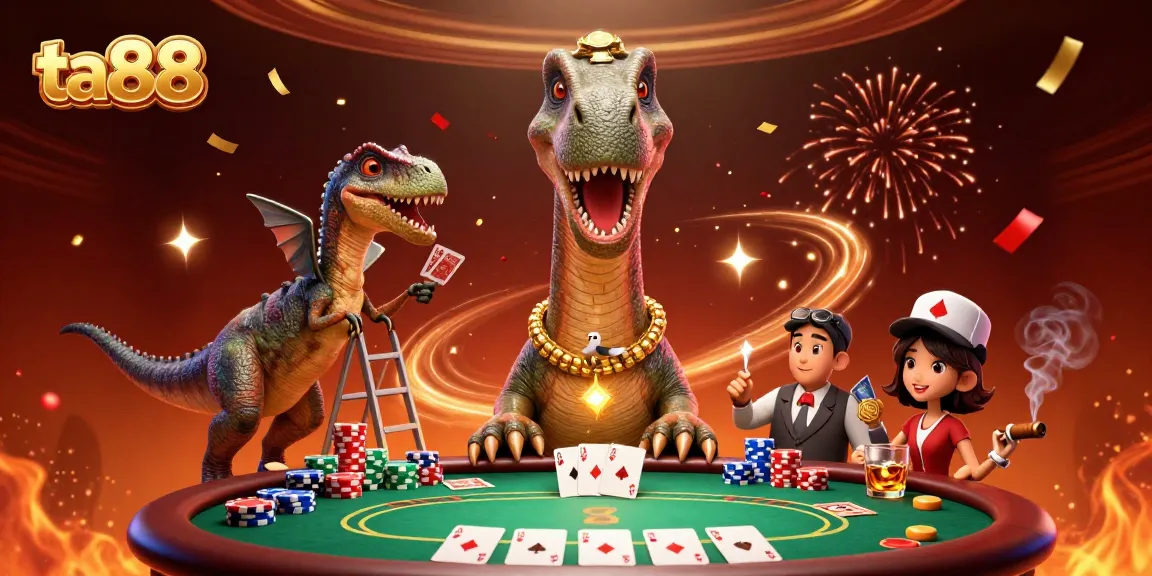 ta88 card dealer excitement with a giant brontosaurus in a vibrant casino scene