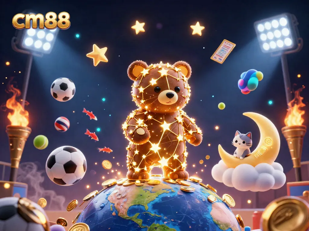 Experience excitement with cm88, a vibrant 3D illustration showcasing a constellation bear, coins, and dynamic sports elements.