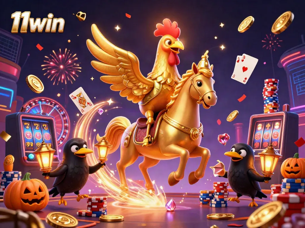 Experience 11win's exhilarating casino world featuring a golden rooster in a dynamic midnight setting.