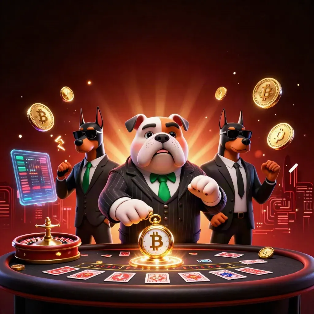 Bulldog mafioso e dois rottweilers em cena luxuosa com roleta, cartas e moedas brilhantes