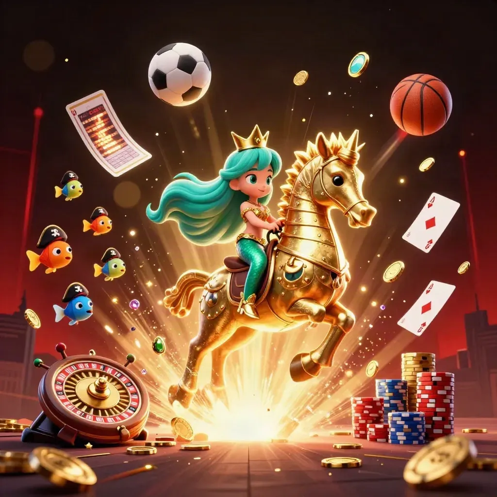 Sereia princesa montada em cavalo-marinho dourado, com peixes piratas, moedas e cartas voando.
