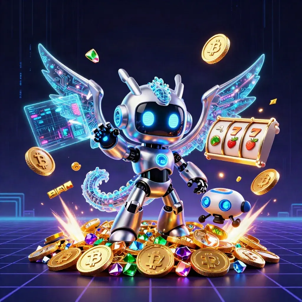 Robô cyberpunk, dragão holográfico e drone com moedas em explosão neon dourada sobre fundo escuro.
