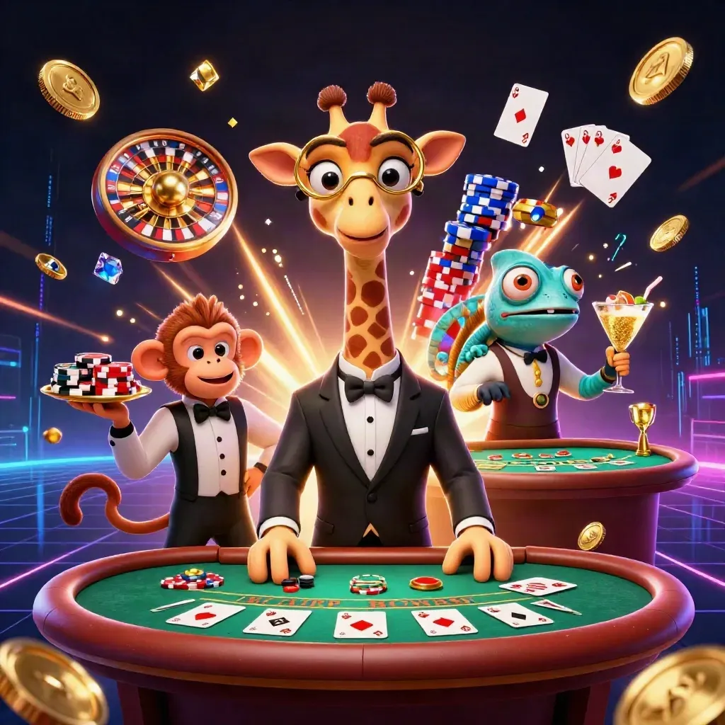Girafa, macaco e camaleão em cassino luxuoso com moedas, fichas e roleta brilhando.