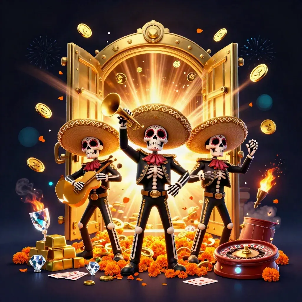Trio de esqueletos mariachi diante de um cofre dourado, moedas, fogos e clima luxuoso