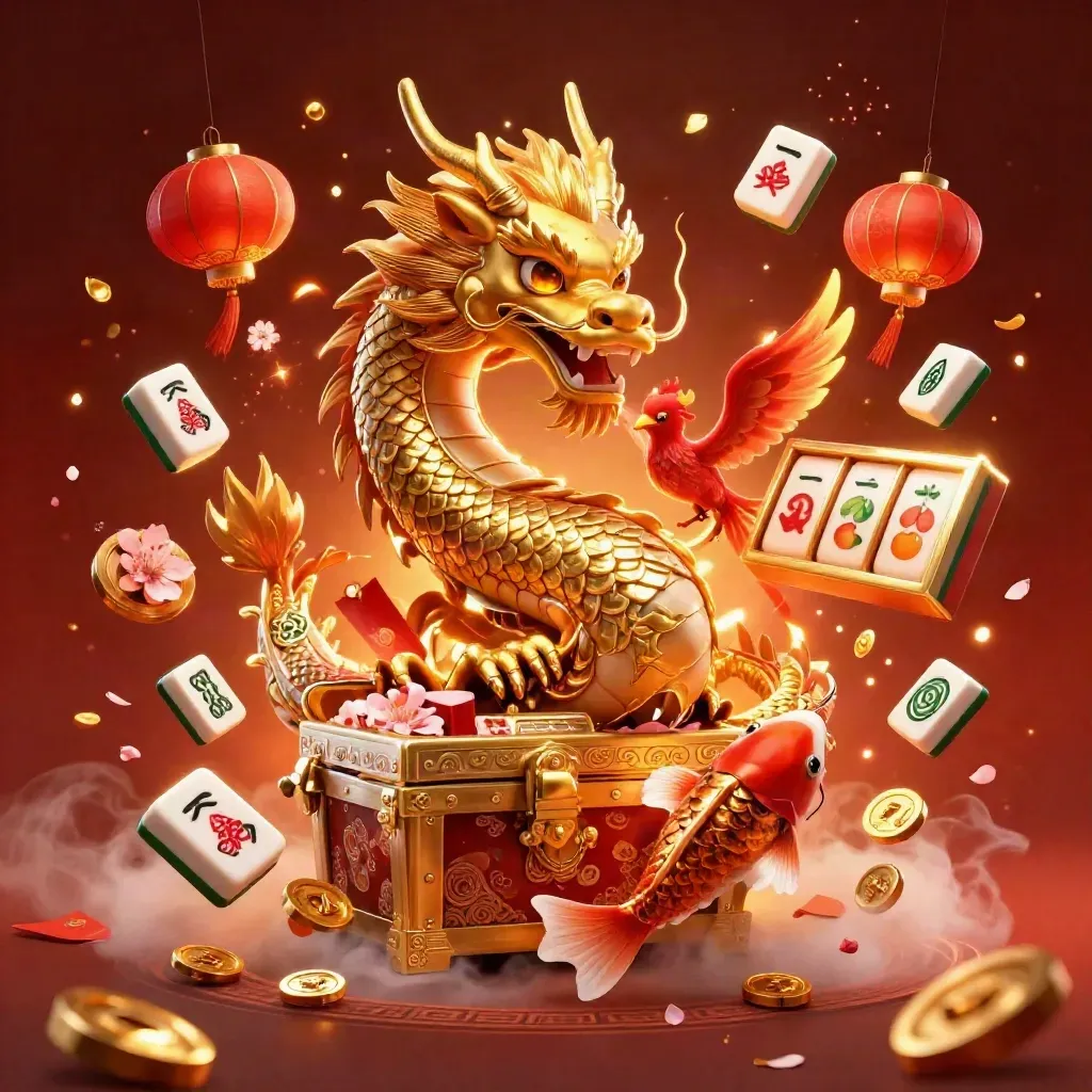 Dragão dourado com tesouro, fênix vermelha e koi em cena luxuosa de cassino.