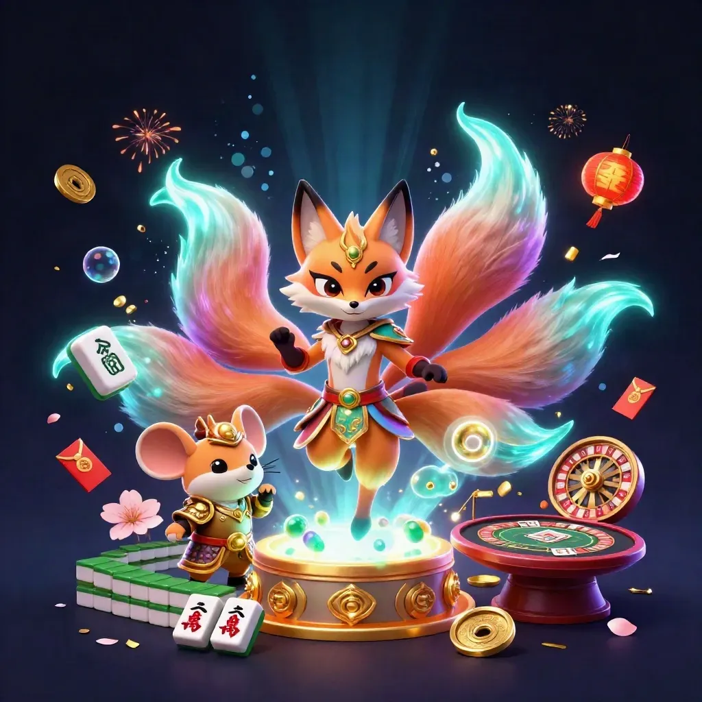 Raposa espiritual de nove caudas e mouse samurai dourado cercados por itens de cassino brilhantes.