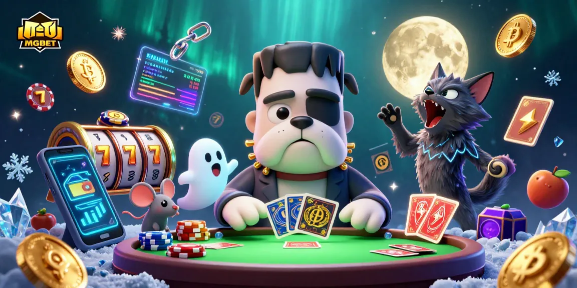 MGBET features an engaging scene with a Frankenstein bulldog and playful characters at a casino table.