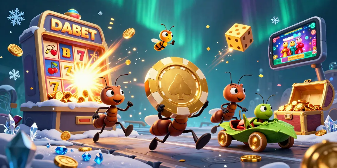 DABET features ants on a heist with golden poker chip, surrounded by vibrant casino elements.