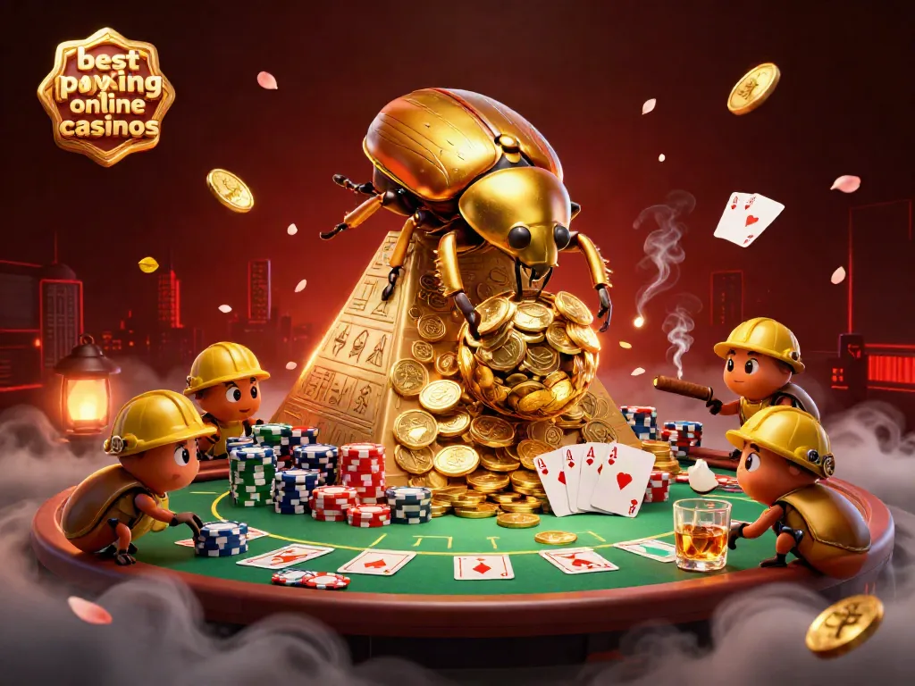 The best paying online casinos showcased with a golden beetle rolling coins amidst vibrant casino elements.