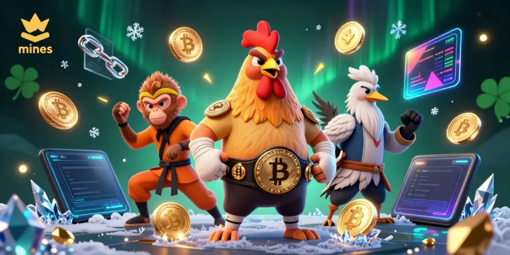 Engage with the mines online gambling world, featuring vibrant 3D characters and crypto elements.
