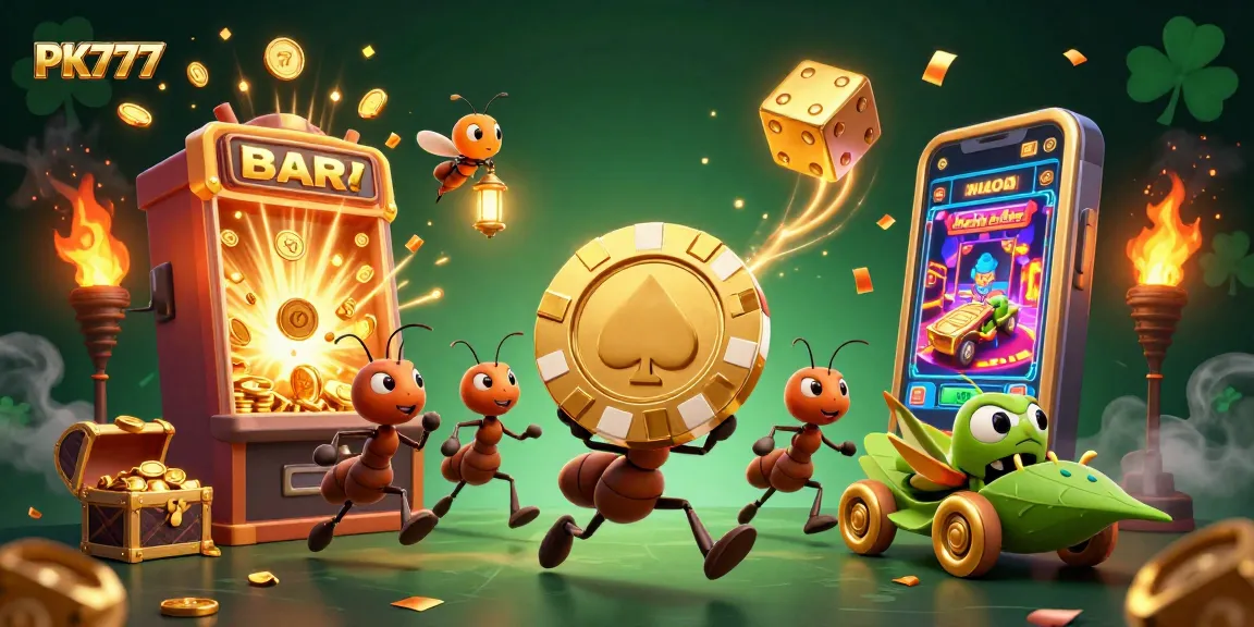 Experience the excitement at PK777 with a whimsical 3D illustration of a heist featuring ants, slots, and a grasshopper getaway mobile.