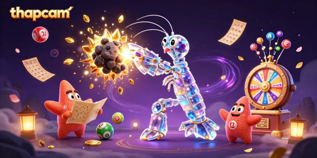 Thapcam captivates with a dynamic 3D scene featuring colorful lottery elements and galactic characters.