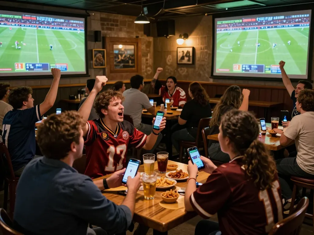Socolive viewers engaging in live betting strategies while enjoying a football match in a vibrant sports bar atmosphere