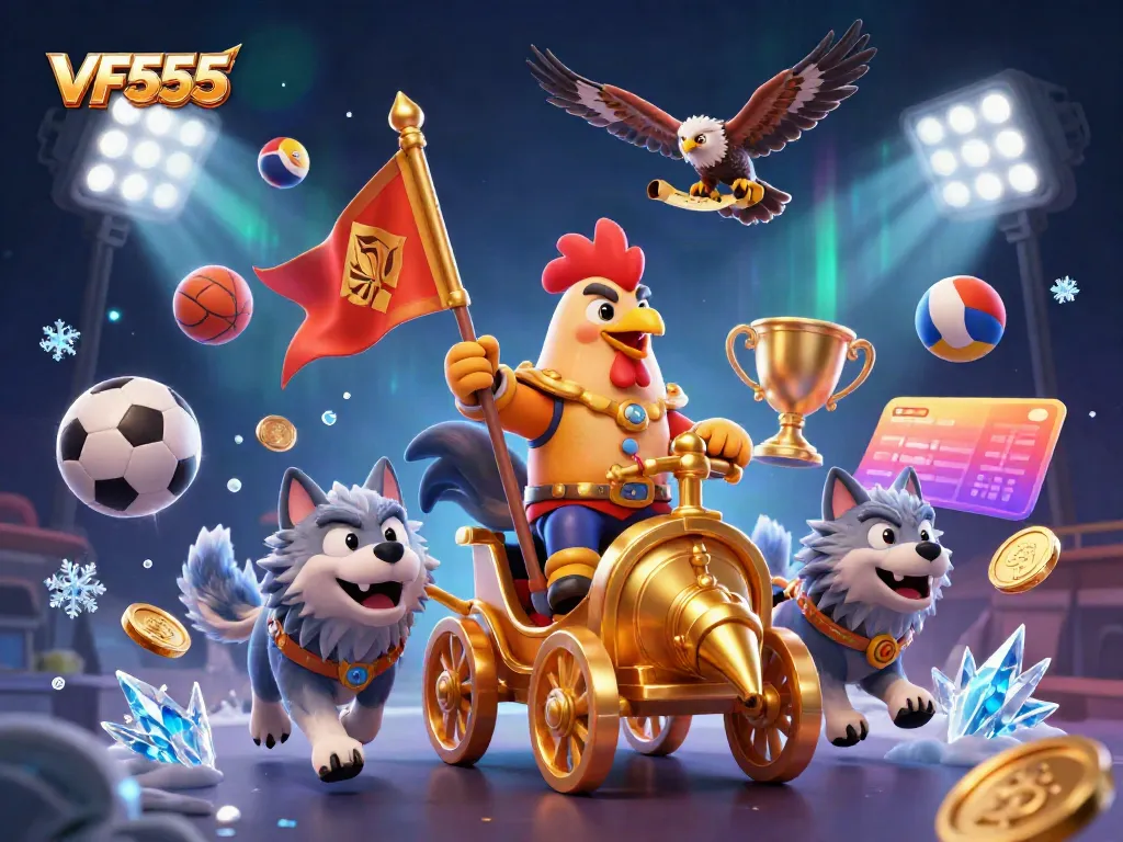 Engage in thrilling play at VF555, featuring a cartoon rooster warlord amid sports betting excitement.