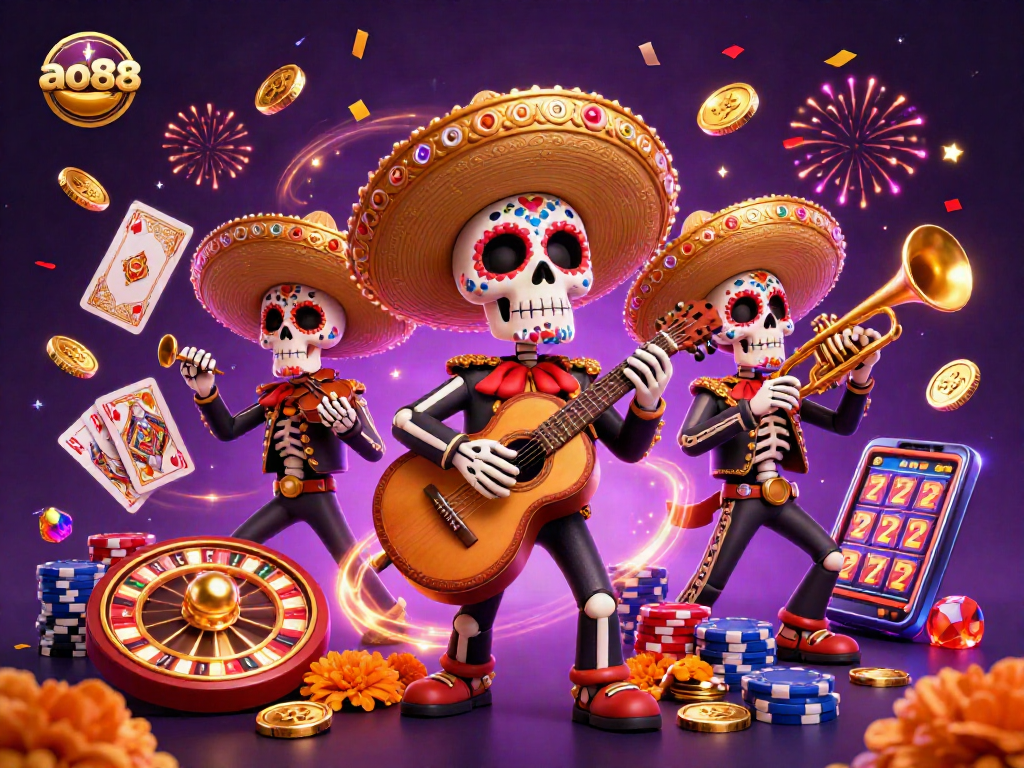 Play and win big with ao88 in a vibrant 3D casino scene featuring mariachi skeletons