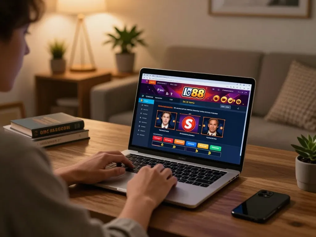 Player strategizing for lc 88 online casino in a cozy home office setting, focused on gaming.