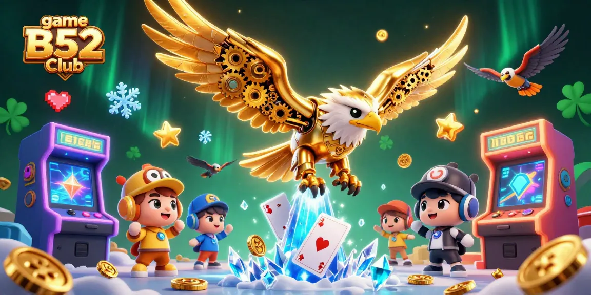 Experience the thrill of game B52 Club with an energetic 3D scene of a cybernetic eagle amidst vibrant casino elements.