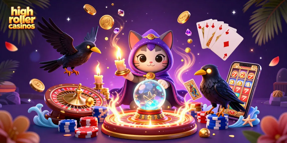 Interactive scene showcasing high roller casinos with a mystical cat, raven, and vibrant casino elements.