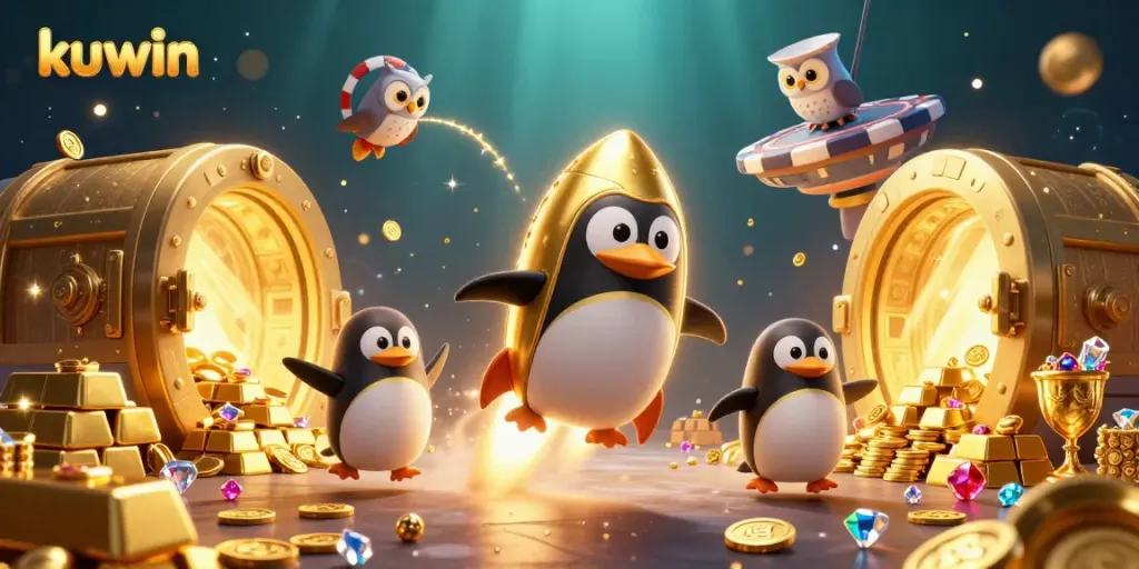 Kuwin presents an engaging online gambling scene with a golden penguin and casino elements.