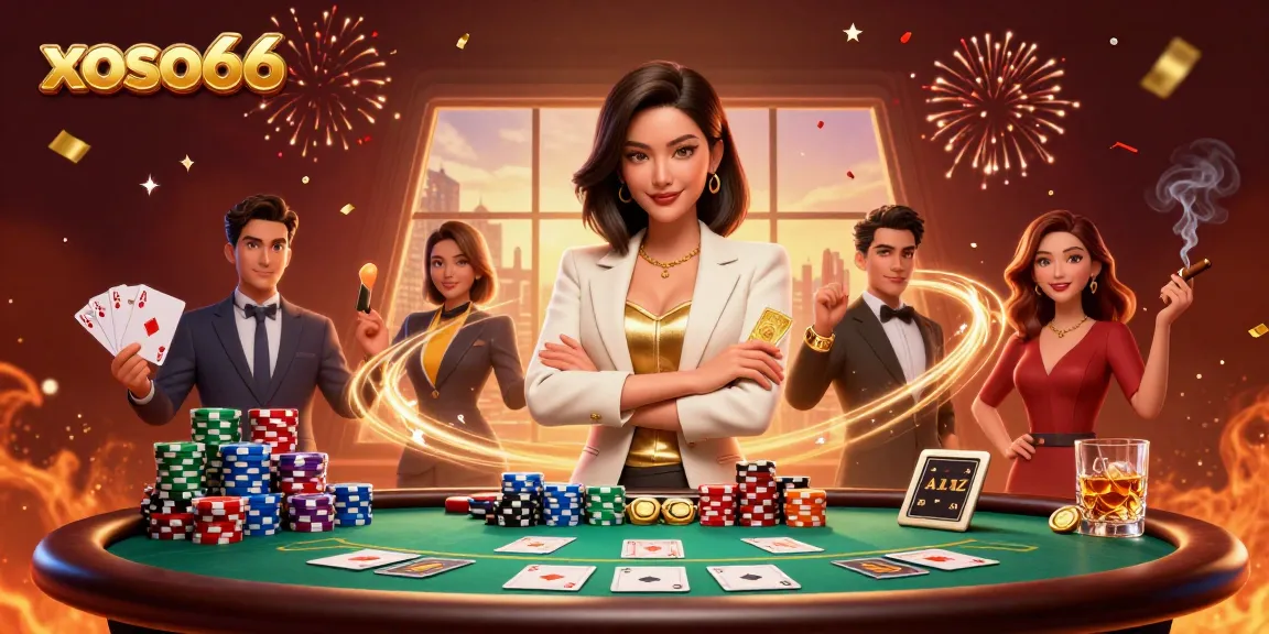 Experience excitement with xoso66 as a glamorous woman dominates a vibrant casino scene.