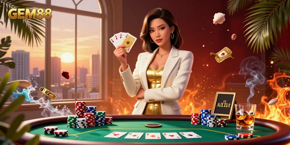 Experience GEM88's glamorous casino vibe through an elegant Asian woman holding cards in a dynamic scene.