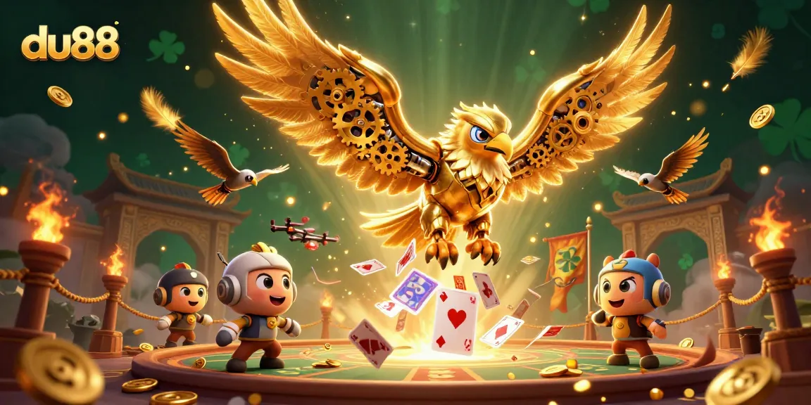 Experience the thrill of du88 gaming with our vibrant 3D art showcasing a cybernetic eagle amidst casino elements.