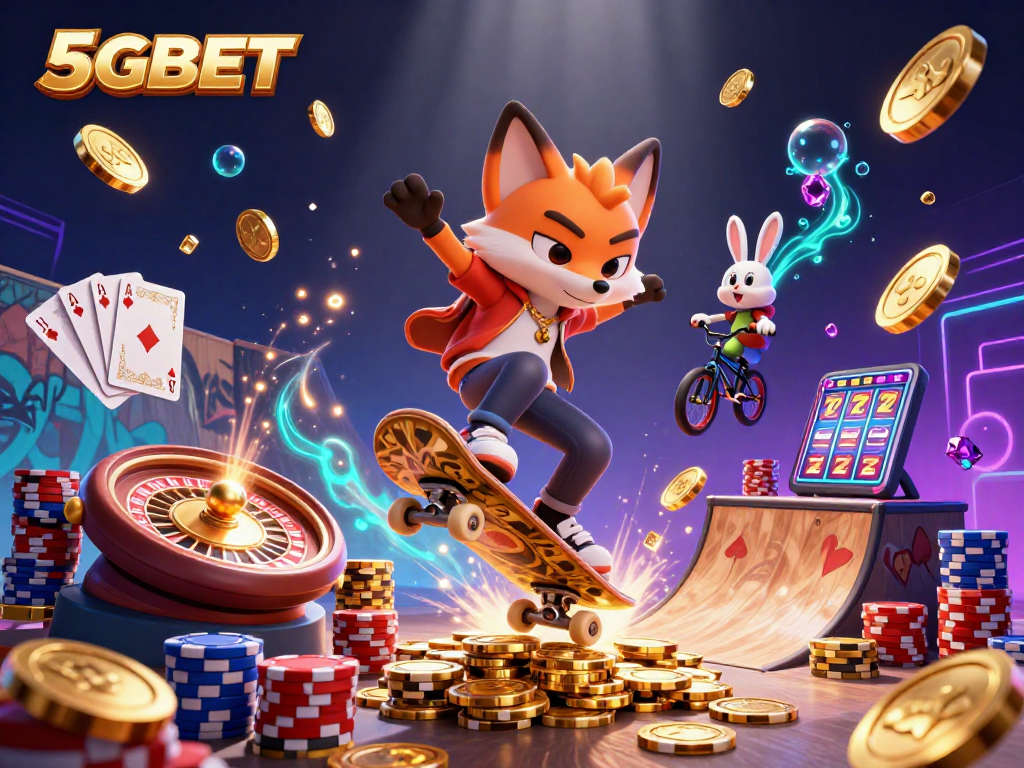 Experience 5GBET's excitement as a cartoon fox kickflips over poker chips amidst dynamic casino elements.