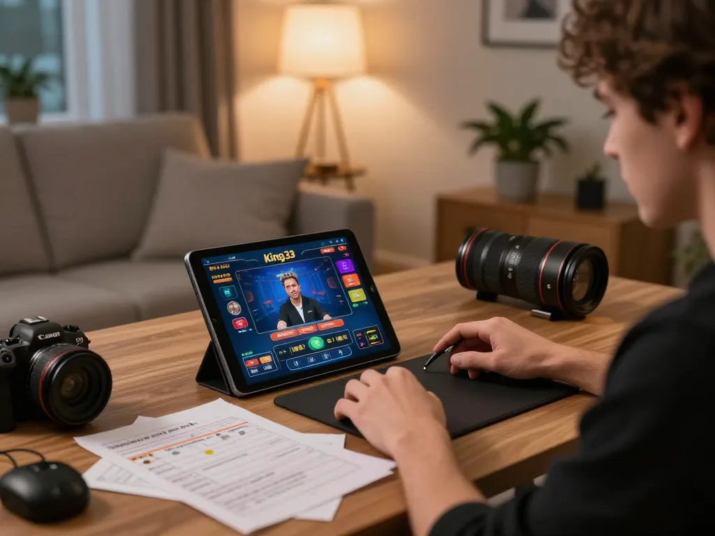 Engaging in a strategic live game experience on king33 with tablet in a cozy home setting.